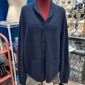 Duluth Trading Co Blue Cardigan Sweater with Ribbed Texture